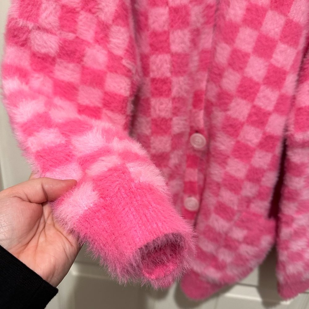 Pink Lily Fuzzy Checkered Oversized Cardigan